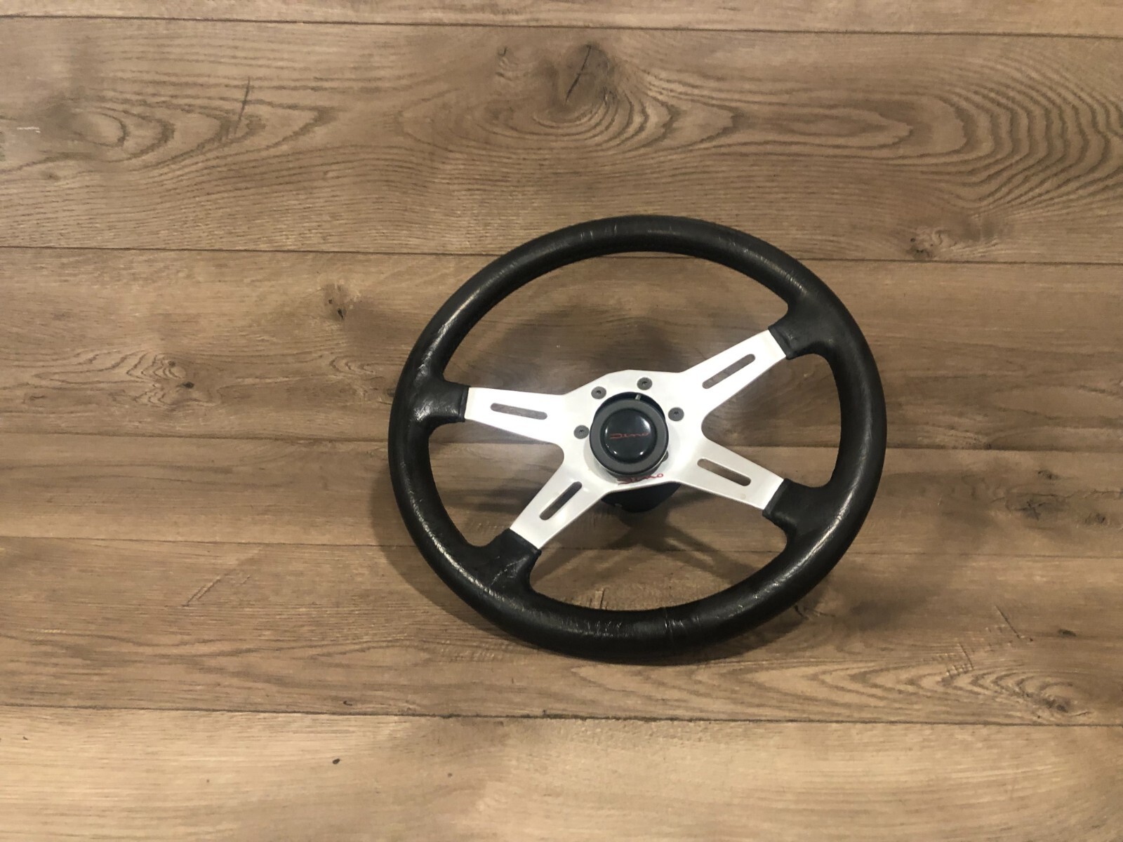 FERRARI DINO LEATHER VINTAGE STEERING WHEEL 4 SPOKE PUSH BUTTON HORN BLACK 