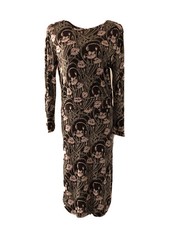 TORY BURCH Brown Pink Tan Floral Print Crew Neck 3/4 Sleeve Knit Dress Size L