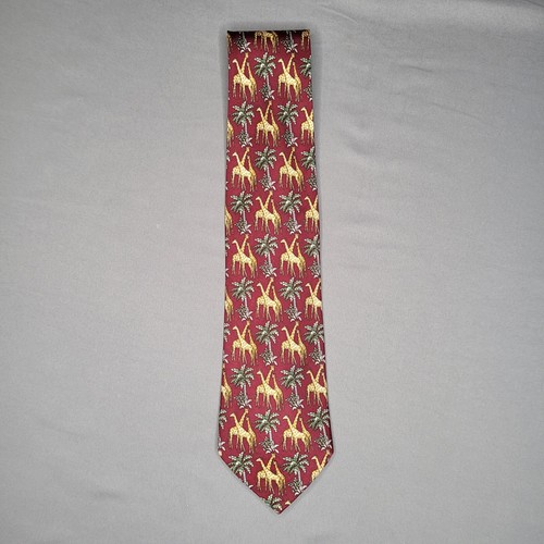 Burberrys Tie Red Giraffes Palm Trees Green Beige Brown Silk England Neck Tie - Picture 3 of 10