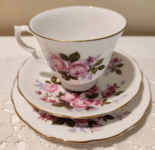 Vintage Queen Anne Trio England Pink Roses Pattern Teacup Plate Saucer Gold Trim