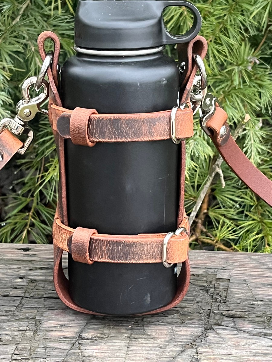 Water Buffalo leather water bottle holder, bottle carrier hand
