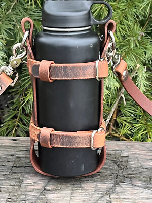 Water Buffalo leather water bottle holder, bottle carrier hand made