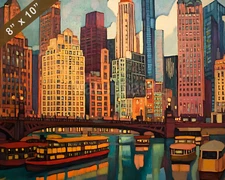 Chicago with Art Deco buildings oil painting 8x10 Print