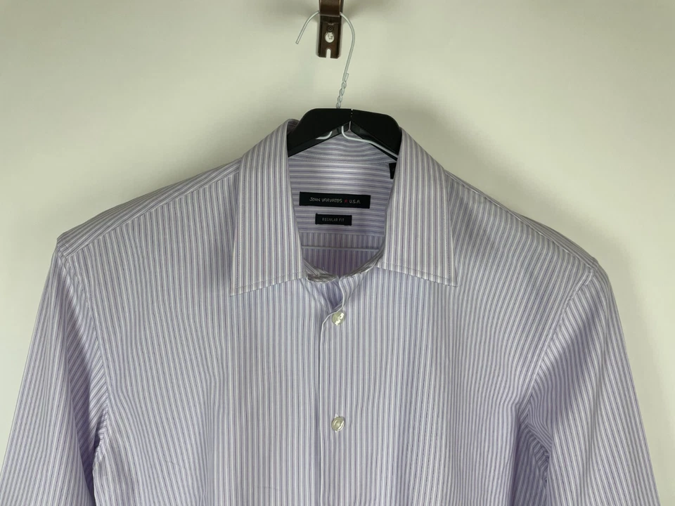 JOHN VARVATOS EE. UU. - Camisa de vestir de algodón a rayas lavanda calce regular 15,5 32/33 Foto 2 de 4