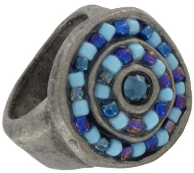 Antiqued Silver Tone Blue Beaded Cocktail Ring  Sz 6