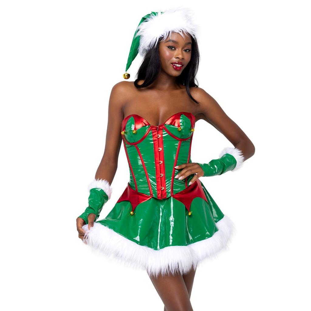 Elf Costume Vinyl Corset Top Bells Skirt Faux Fur Trim Christmas