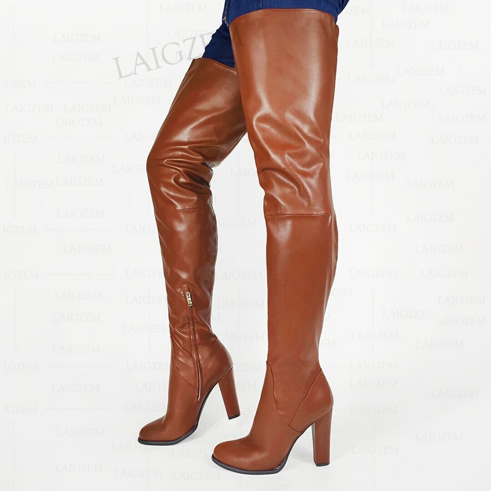 Women Thigh High Boots Faux Leather Thick Heels Over Knee Boots Round ...