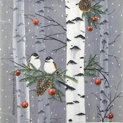 4x einzelne Papierservietten für Decoupage und Party - World Art Group: Birke & Vögel