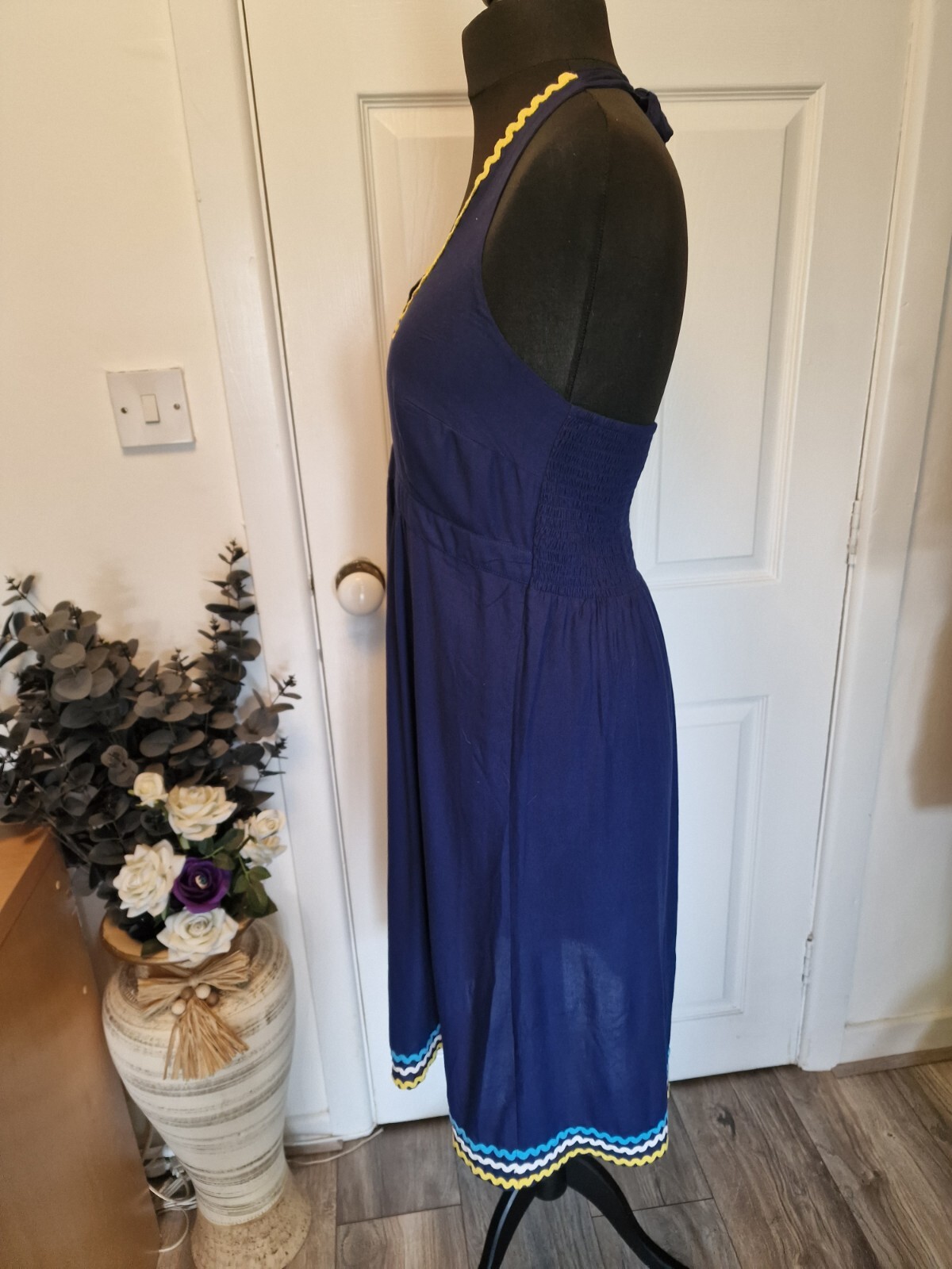 Kaleidoscope size 14 halter neck dress in navy with braid trim eBay
