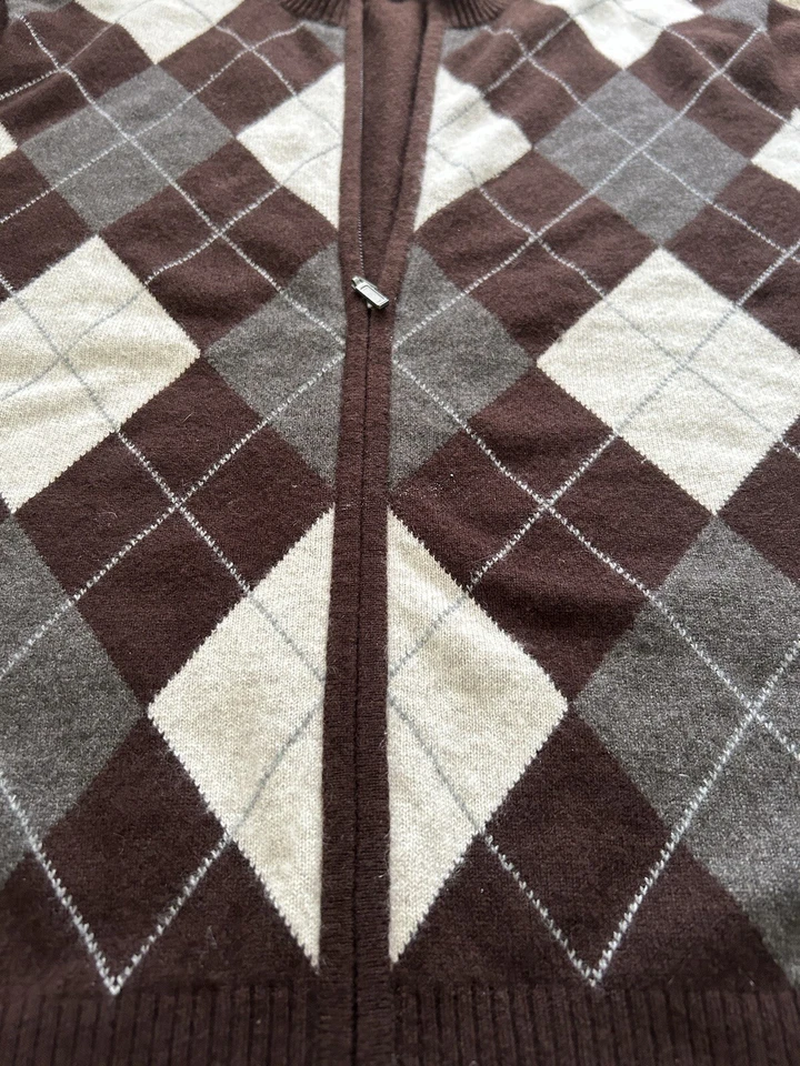 Suéter Joseph & Lyman Para Hombre XL Marrón Argyle Pullover Tejido, Cremallera, 100% Cachemira Foto 4 de 4