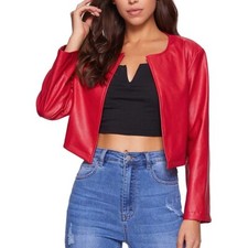Excellent Usa Made S Real Leather Cropped La Roxx Collared Jacket Buttoned Red