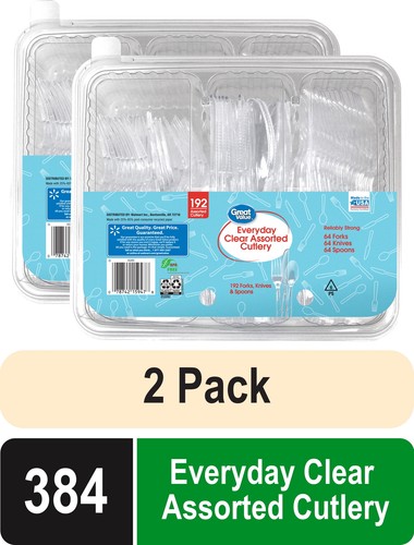 192 Count,(2 pack)Great Value Plastic Everyday Clear Assorted Cutlery,Disposable