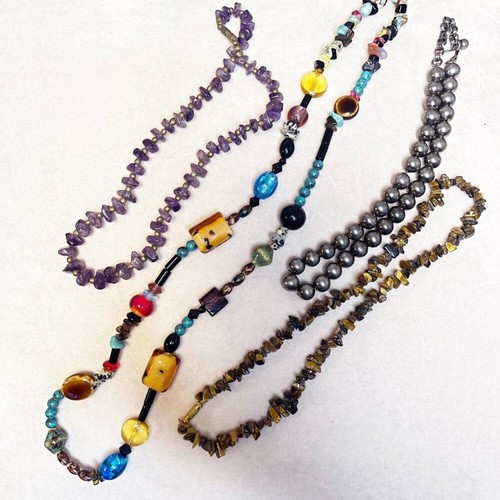 Vintage Beaded Necklace Lot 4 | Amethyst Tiger Eye Stone Silver Tone Statement