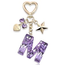 Cute Bling Keychain initial Letter Butterfly Star Pink Purple Gift for M-purple