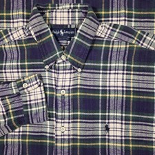 Vintage Polo Ralph Lauren Shirt Large Heavy Flannel Blue Green Madras Plaid Pony