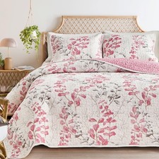 Floral Quilt Set King Size, 3 Pieces Pink Flowers and Green Leaves Botanical ...
