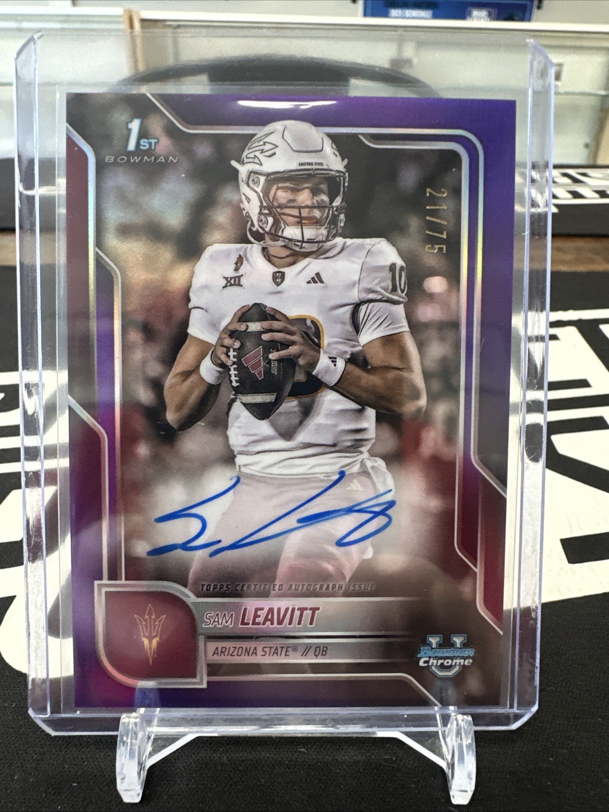 2025 Bowman Chrome U Sam Leavitt Purple Auto /75 1st Bowman On Card Auto #BCA-SL