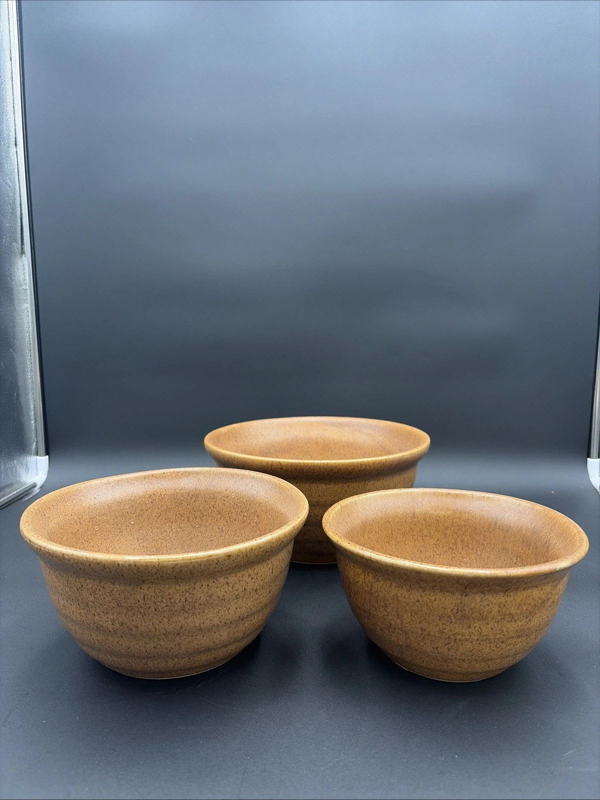 3 VTG Monmouth Brown Nesting Mixing Bowls Beehive Speckled Maple Leaf Oven Proof