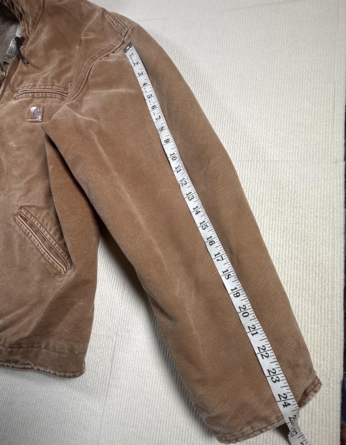 Vintage Carhartt Distressed Tan J141 BRN Sherpa lined sandstone Hooded Jacket image 7