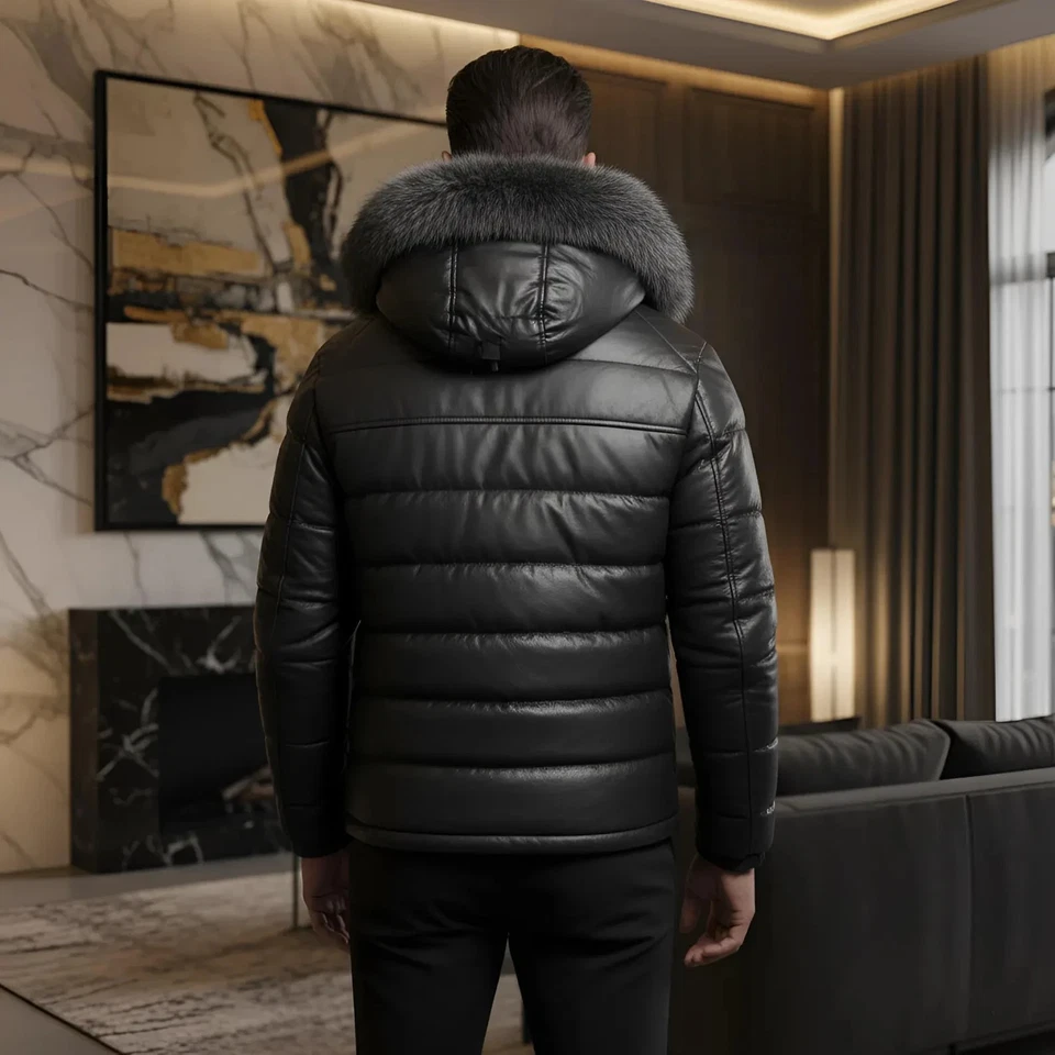 Luxury Men’s Leather Puffer Jacket with Fur Hood – Biker Bomber Style - Image 2 of 4