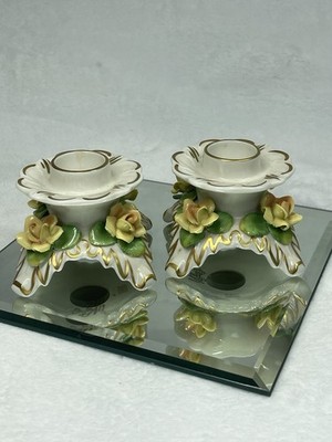 Vintage Alka Kunst Dresden Porcelain Candle Holders Pink Roses West Germany Pair