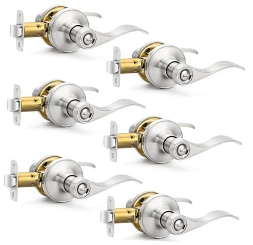 6 Pack Door Handles Privacy Door Levers, Heavy Duty Wave Style Bed/Bath Door-image