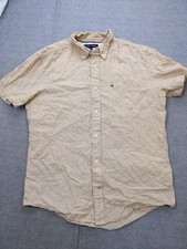 Tommy Hilfiger Shirt Mens Medium Beige Linen Cotton Blend Short Sleeve