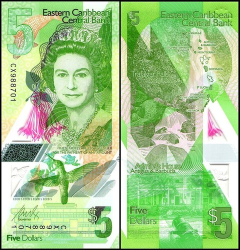East Caribbean States 5 Dollars, 2021 ND, P-56, UNC Polymer X 100 PCS Bundle - Picture 2 of 2