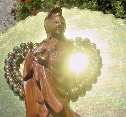 Blessed Japanese altar Kwan Yin dragon Guan Quan Yen wood statue Chintamani mala