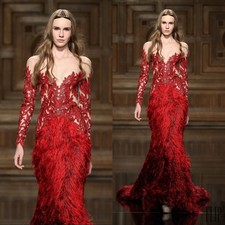 Red Lace Applique Mermaid Evening Gown with Beaded Long Sleeved Lace Ball Gown