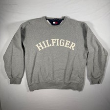 Vintage Tommy Hilfiger Men's Gray Crew Neck Pullover Fleece Logo Sweatshirt L
