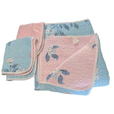 Reversible Quilted Floral Throw Blanket w/ 2 Shams Set Blue  Pink Queen 89"x85"
