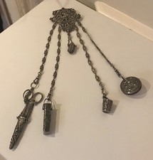 Antique Victorian English Sterling Silver Seamstress Lg Chatelaine w/Attachments