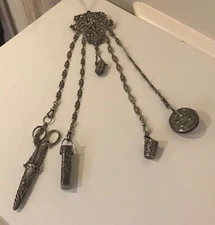 Antique Victorian English Sterling Silver Seamstress Lg Chatelaine w/Attachments
