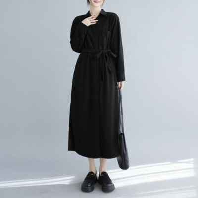 Women Corduroy Dress Long Sleeve Retro Collared A-line Slit