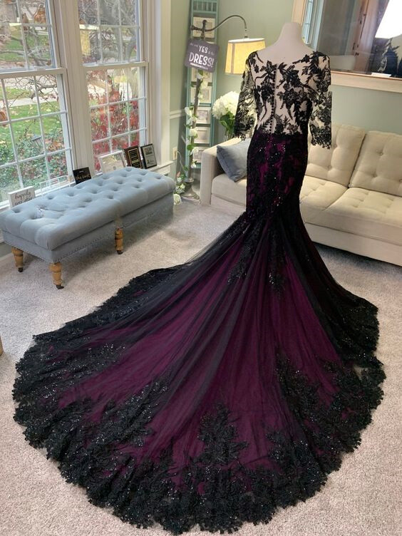 Gothic Black Purple Mermaid Wedding Dresses Buttons Lace Applique Bridal  Gowns | eBay