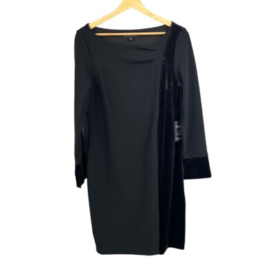 Boston Proper Shift Dress Black Velvet Trim Long Sleeve Knee Length Small New