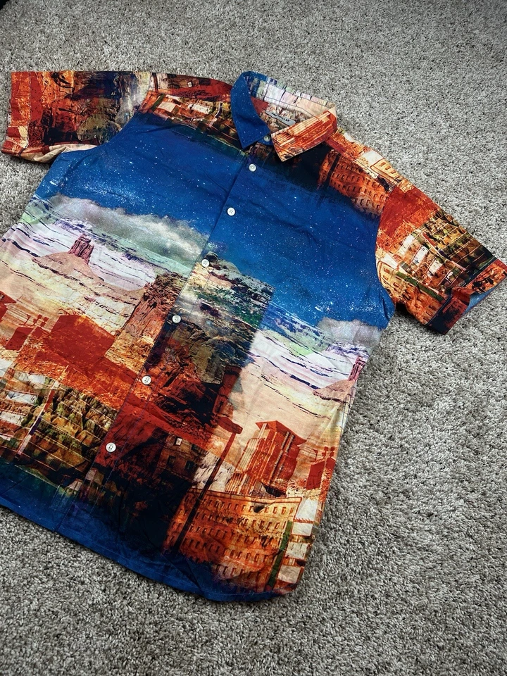 Caterpillar Shirt XL Mens Blue Short Sleeve Button Up Cotton Desert Graphic AOP - Image 2 of 4