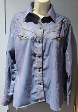 Vintage Women's Tem-Tex Western Shirt - Size 13/14 - Blue w/Gold Trim Accents 