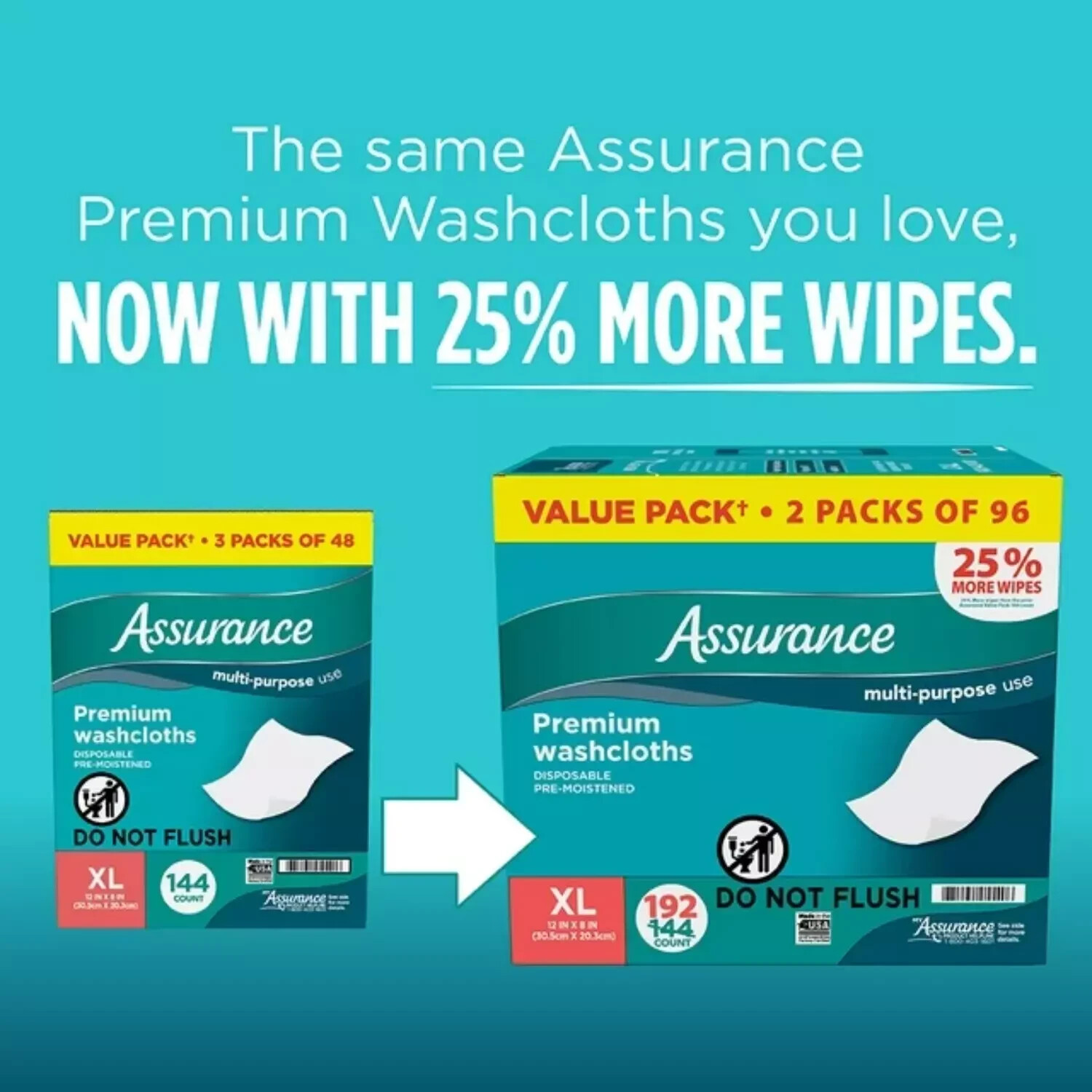 Assurance Premium Disposable Washcloths Pre-Moistened Body Wipes, XL,  192 Count