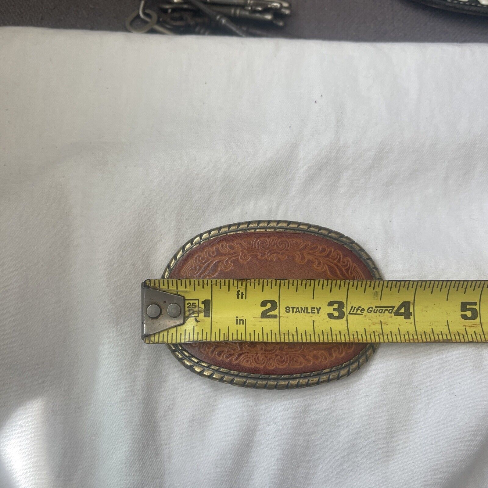 Vintage Brass Belt Buckle Tooled Leather Insert "… - image 4