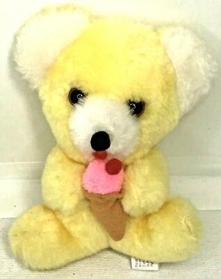 Vintage Acme Small Yellow Teddy Bear 5'' Plush Holding Ice Cream Velvet Ball Nose