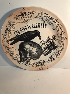 Halloween Serving Platter Tray 18'' Melamine Raven on Skull ''The King is Crowned''