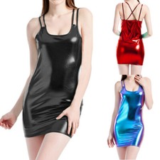 Women Clubwear Mini Party Look Wet Shiny Bodycon Costume Dress Short Metallic