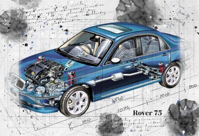 Line Tech Zeichnung Rover 75 Auto Car Classic Cutaway Kunst Poster Druck