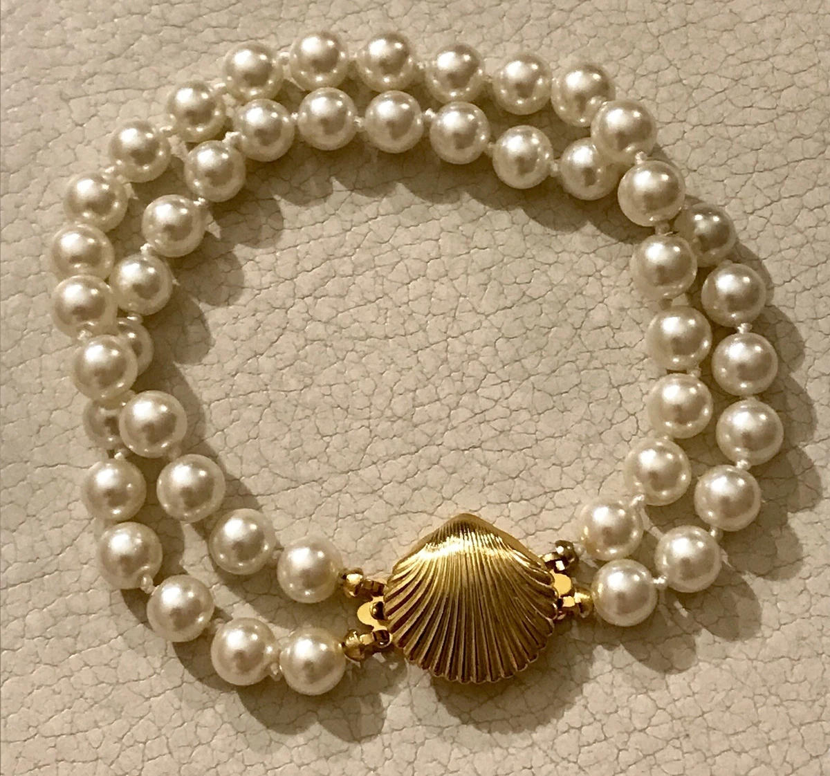 Costume Double Strand White Faux Pearl Bracelet W Gold Tone Clam