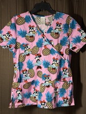 Disney Minnie Mouse Pineapples Pink Medium Scrub Top with Pockets