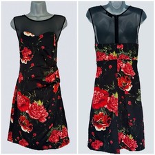 Bodyflirt black/red floral slim fit sleeveless evening knee length dress size 14
