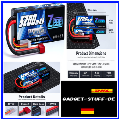 Zeee 2S Lipo Akku 7,4V 50C 5200mAh RC Akku mit T Stecker für RC Evader BX Auto