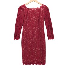 Adrianna Papell Lace Sheath Dress Burgundy Red 3/4 Sleeve Lined Size 2